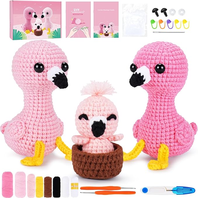 Crochet Kit for Beginners -Flamingo Family Crochet Kits with Step-by-Step Video Tutorials, Beginner Crochet Kit for Adults, Crochet Animal Kit for Kids, 3PCS Flamingo Crocheting Set(Pink)