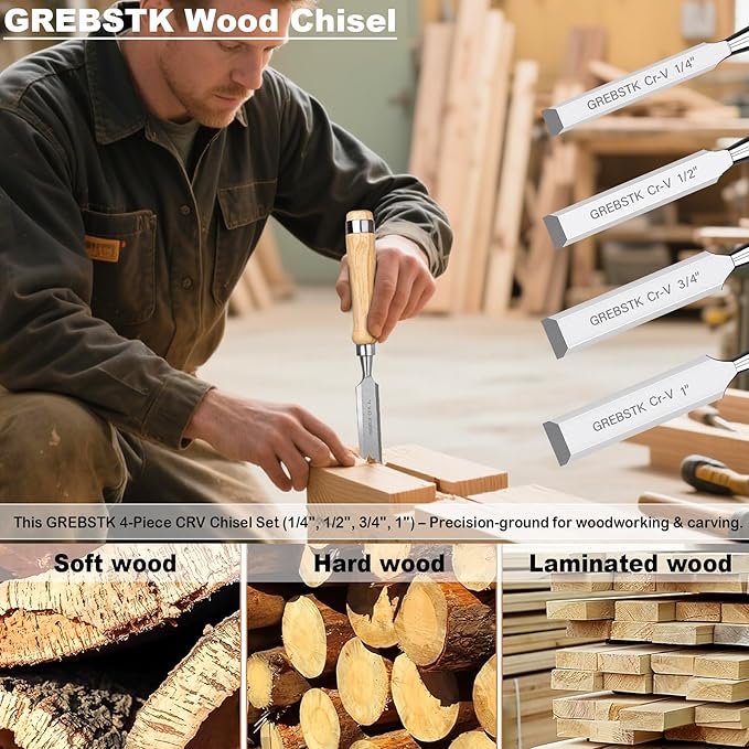 GREBSTK 4 Pcs Wood Chisel Set, CRV Steel Bevel Sharp Edge Bench Chisels with Safety Caps, Comfortable Oversized Solid Wood Handle, for Woodworking and DIY Projects, 11"x(1/4", 1/2", 3/4", 1")