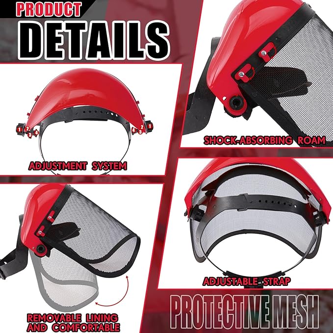 Amylove 6 Pcs Safety Face Shield with Mesh Weed Whacking Face Shield Masks Chainsaw Gardening Weed Mover Protection (Red)