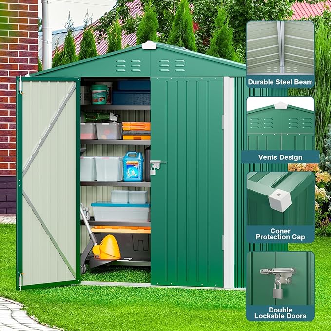 Gizoon Outdoor Storage Shed 6 x 4 FT, Galvanized Metal Garden Shed with Double Lockable Doors, Outdoor Storage Clearance for Backyard Patio Lawn-Green