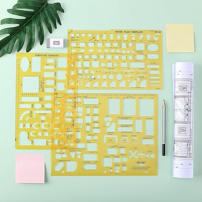 Mr. Pen- House Plan, Interior Design and Furniture Templates, Drafting Tools and Ruler Shapes for Architecture - Set of 3