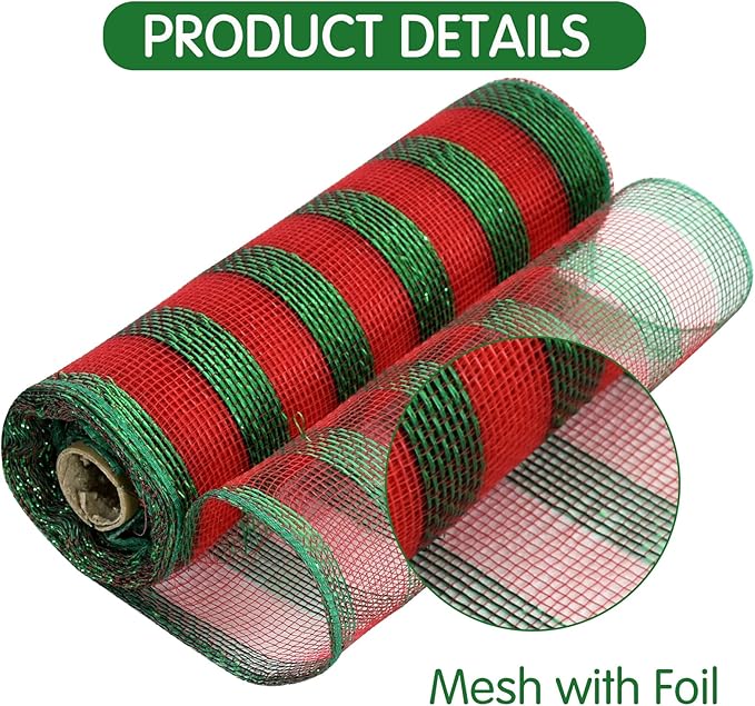 TONIFUL 2 Roll 10 Inch Red and Green Striped Decorative Mesh Ribbon Rolls for Indoor Decor Christmas Valentine's Halloween Party Accessories Party Decoration Supplies (10yds/roll)
