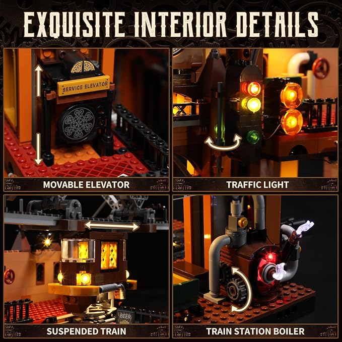 FUNWHOLE Train-Station Lighting Building Bricks Set - Steampunk LED Light Building Set 1843 Pieces for Adults and Teens