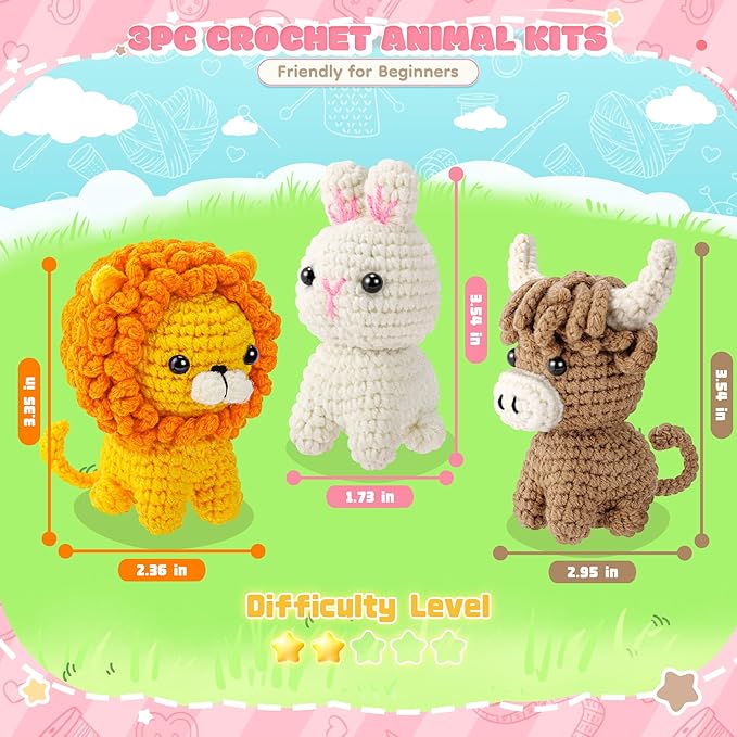 Crochet Kit for Beginners, Amigurumi Crochet Animal Kits, Crocheting Kit for Starters Adult Kids with Step-by-Step Video Tutorials, Animal Kits with Highland Cow, Lion, Bunny