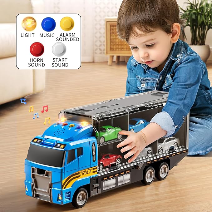 Toddler Boys Toys for 3 4 5 6 Years Old, Truck Vehicle Set with Play Mat and Die-Cast Toy Car, Transport Carrier Truck for Kids, Birthday Gifts Toys for 3 4 5 6 7 8+ Year Old Boys