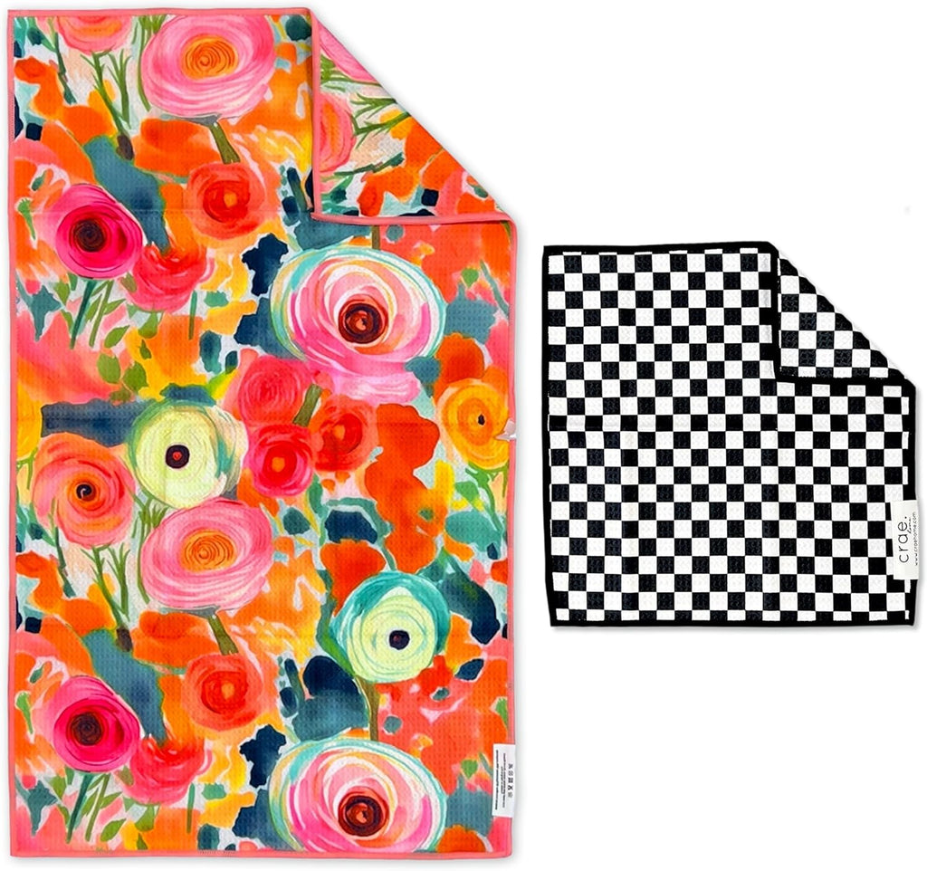 Microfiber Hand Towel & Washcloth Set of 2 - Double-Sided, Waffle Weave, Super Absorbent, Lint-Free, Fast Drying - Pia & Fonnie Pattern for Bathroom, Kitchen, Car, and Window Cleaning