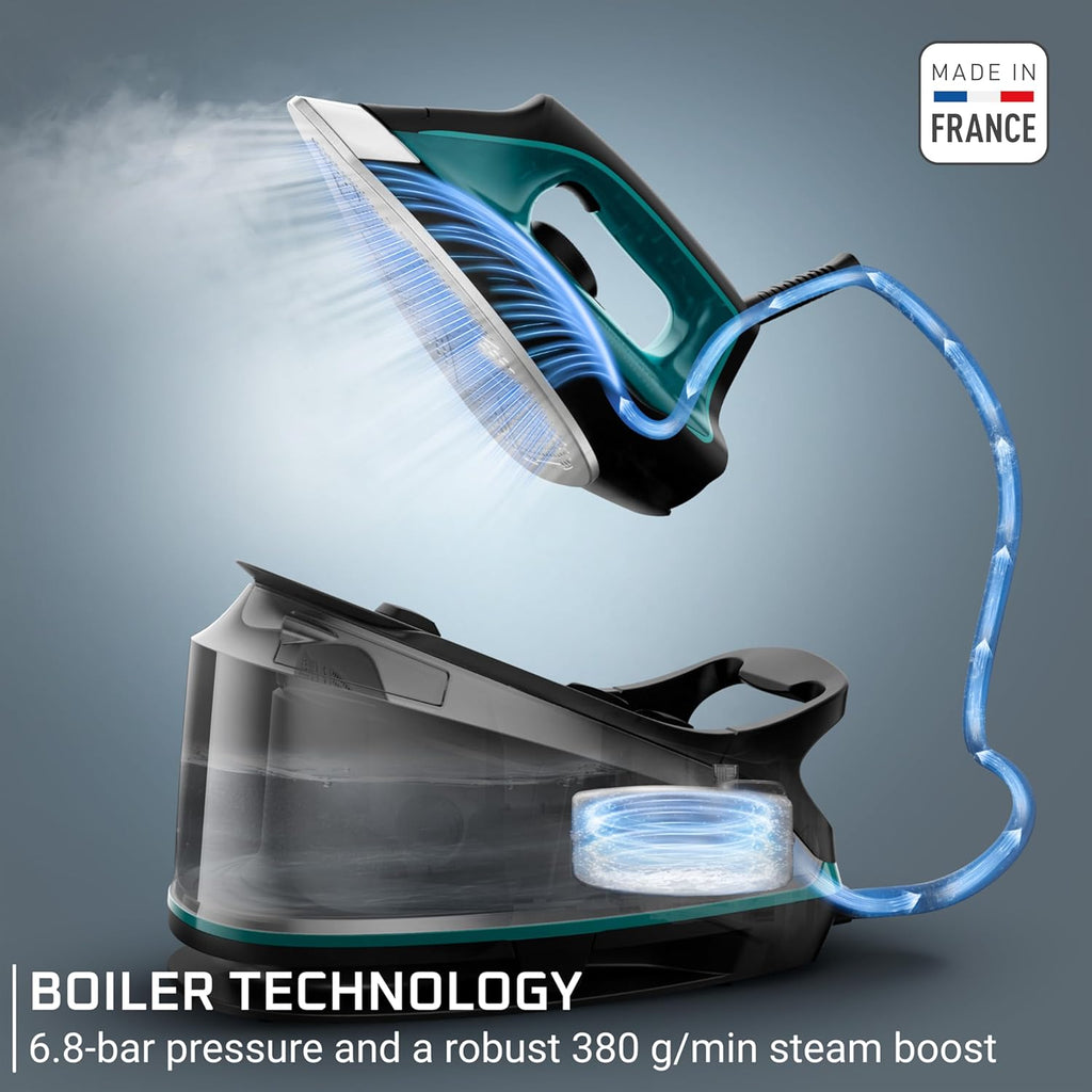 Rowenta Iron for Clothes, High Pressure Steamer Iron with Boiler System, 400 Steam Holes, Vertical Steaming, 37oz Tank, Stainless Steel Soleplate, Auto-Off 1800 watts, Black Green, DG7626