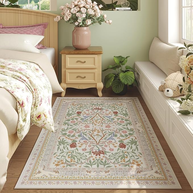 Bedroom Rug 3x5 Rug Washable Area Rug Non Slip Low Pile Vintage Floral Botanical Small Carpet for Bedroom, Bedside, Kitchen, Entryway, Kids Room, Office, Beige