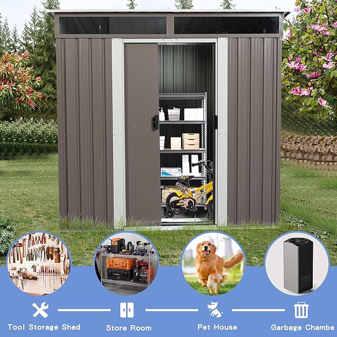 6X5 FT Outdoor Storage Shed, Waterproof Metal Garden Sheds with Lockable Door, Steel Tool Storage Buildings Shed & Outdoor Storage House for Garden, Backyard, Patio, Lawn, Trash Cans(Gray)