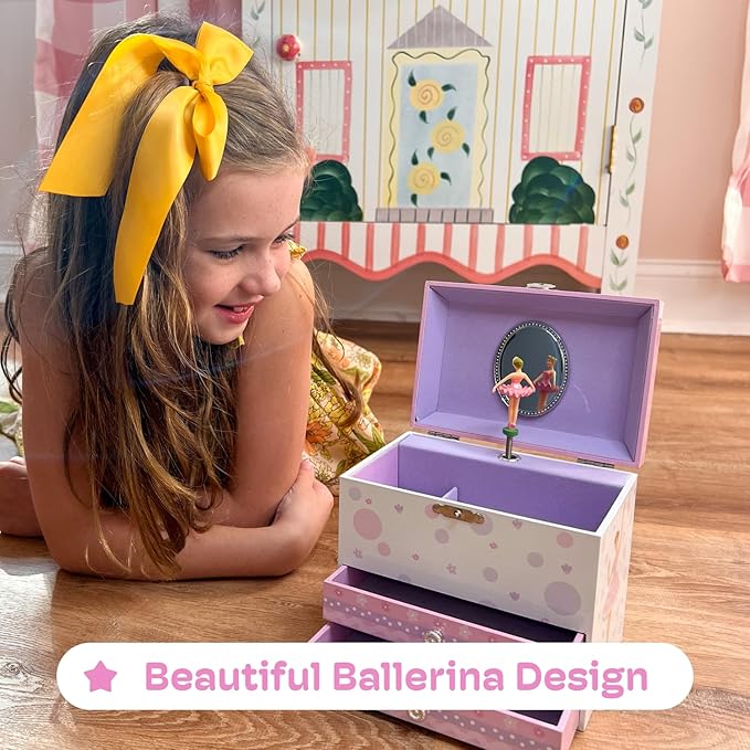 Jewelkeeper Jewelry Box for Girls with Ballerina and Music Box - Dual Drawers and Spacious Storage - Swan Lake Tune - White and Purple Jewelry Keepsake Chest - 6 x 6.75 x 5.25 Inches
