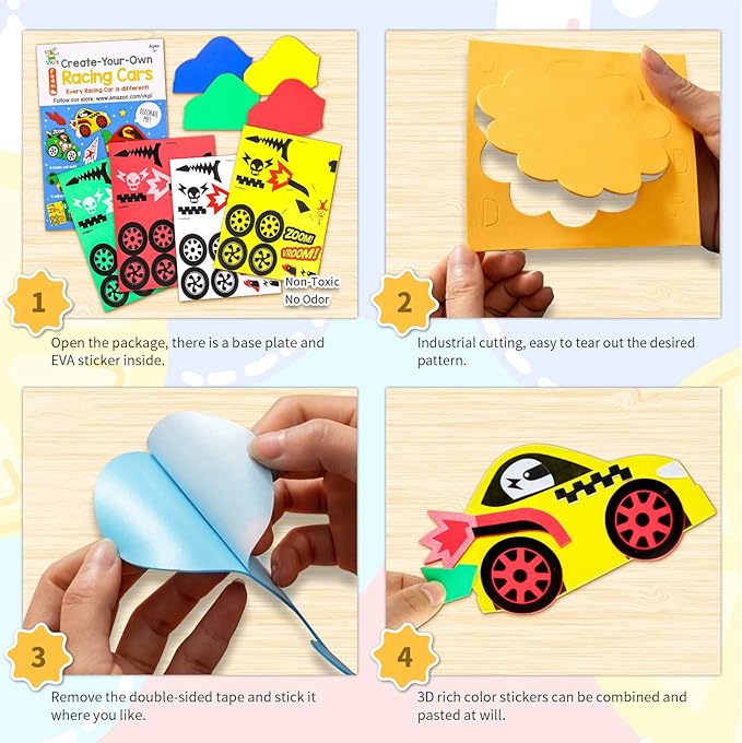 VKPI 4 Pieces EVA Foam Art Crafts Gift Kit, Creative Make Your Own Racing Cars, Cartoon Paper Craft Projects for Kids Ages 4+ Toddler, Preschool Learning Toy for Birthday Party Favor Supplies