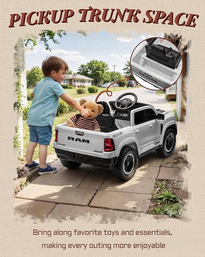 Licensed Ram 1500 RHO 12V Kids Ride on Truck, Toddler Ride on Toys with Remote Control, Children Electric Vehicles with Truck Bed Storage, Smooth Start, Music, Bluetooth (White)