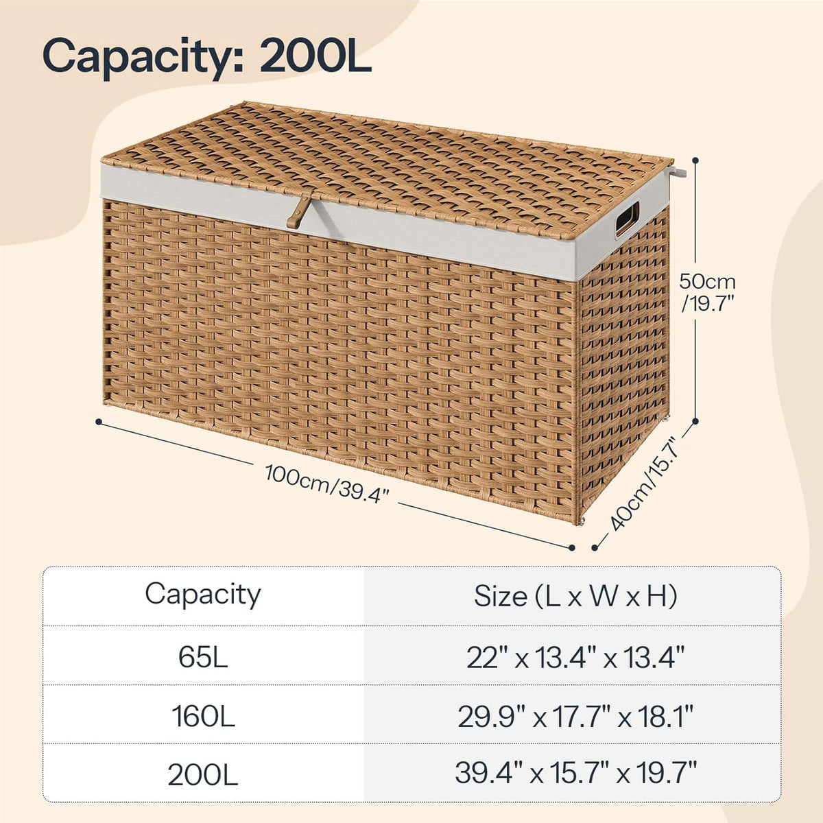 HOOBRO Storage Basket with Lid, 52.8 Gallon (200L) Wicker Basket, Handwoven Blanket Storage Basket with Handles, Metal Frame and Soft Lining, Foldable for Bedroom, Laundry Room, Natural NL220CW01