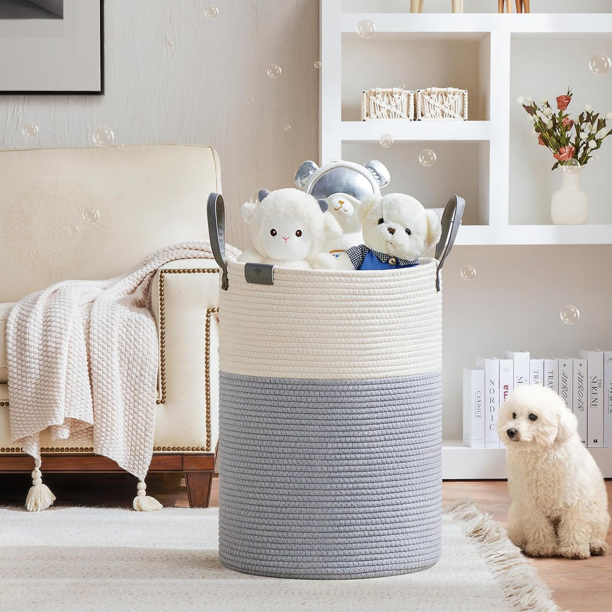 VIPOSCO Tall Laundry Basket, Large Dirty Clothes Hamper with Leather Handle, Woven Rope Storage Basket for Blanket, Toy In Living Room, Bathroom, Bedroom - 100L Grey & White