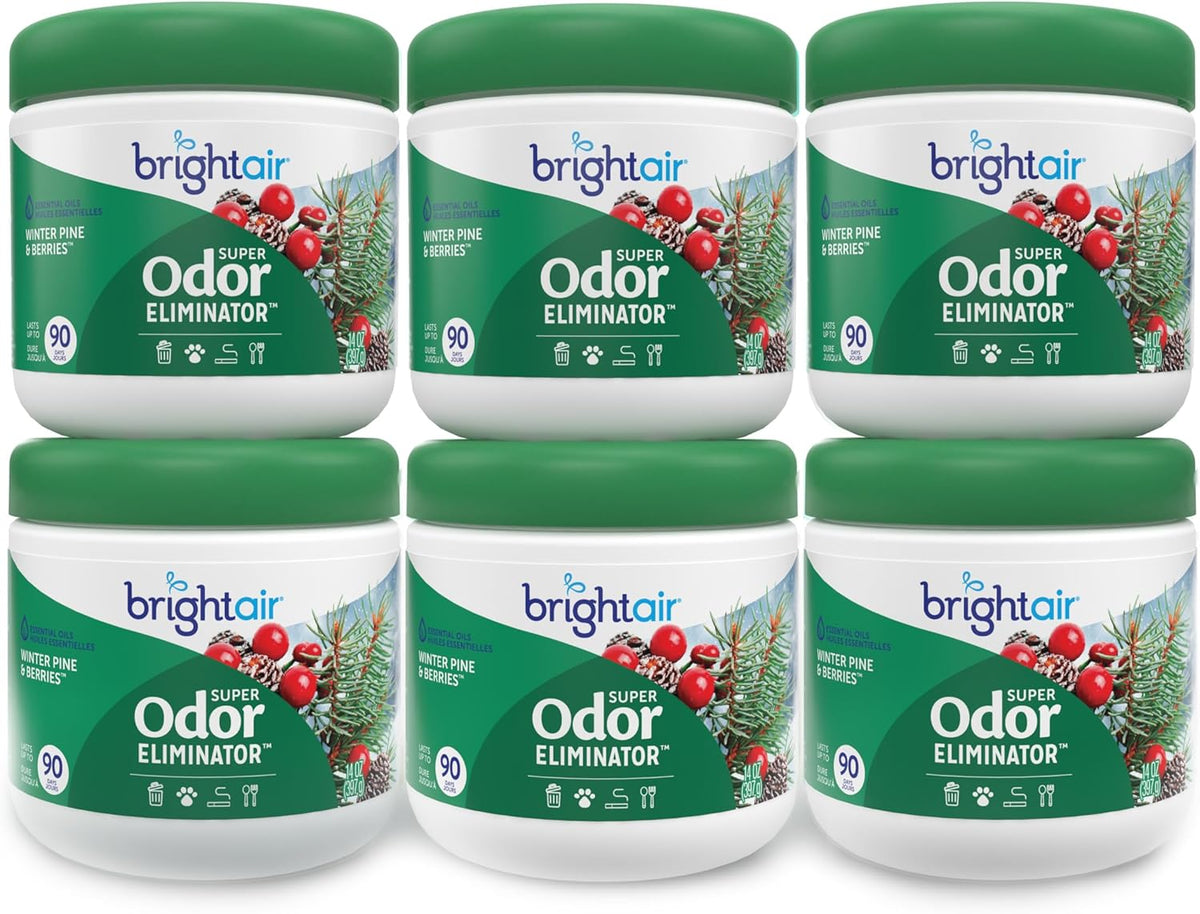 Bright Air 14 oz. Super Odor Eliminator, For Medium-Size Spaces, Winter Pine & Berries Scent, Case of 6, Odor Eliminator & Air Freshener, Natural Essential Oils, Lasts Up to 90 Days Each
