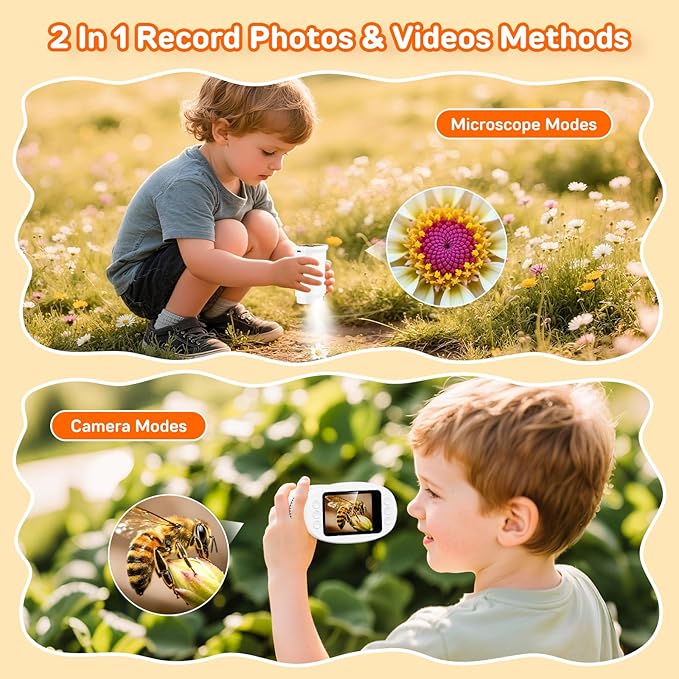 Handheld Microscope for Kids with 2" Screen, Pocket Microscope Magnifying Glass for Kids, Portable STEM Toys for Age 5 6 7 8 9 10 11 12, Photo & Video Edu Gift USB Rechargeable - White