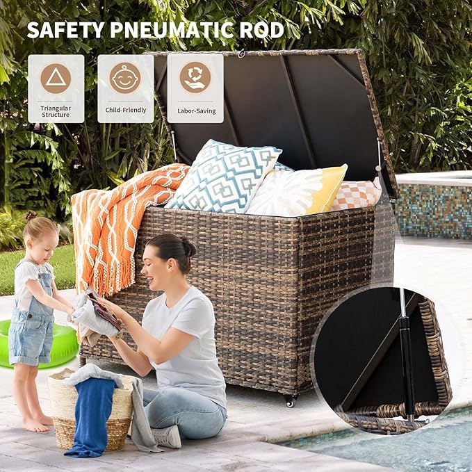 MEISSALIVVE 178 Gallon Outdoor Storage Box, Handle Large Portable Wicker Rattan Deck Box for Patio Furniture Cushions, Patio Deck Box with 2 WheelsThrow Pillows, Garden Tools and Pool Floats (Brown)