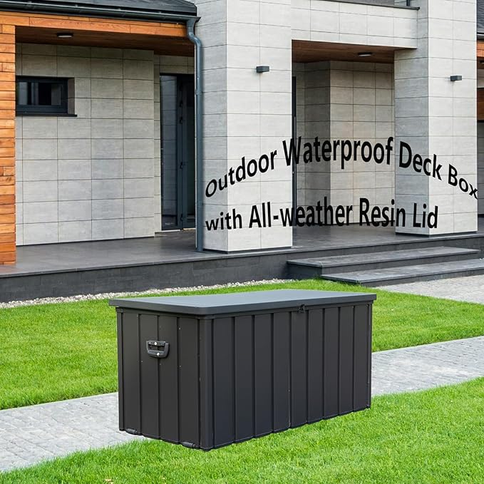 CHUNLY 120 Gallon Waterproof Deck Box with Lockable Resin Lid, Storage Bench w/Mobility Rollers, Outdoor All-weather Patio Storage Box for Outside Cushions, Garden Tools (Dark Gray)