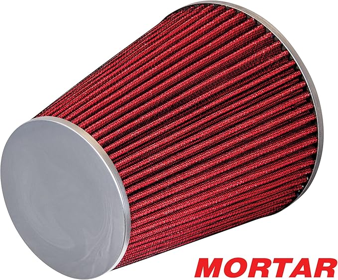 Mortar Aftermarket Auto Air Filter - Car Enthusiast Class Universal Cold Air Intake Gulps in More Air for More Engine Power & Passionate Induction Sound, 8-In-Long, Flange ID 3.5 In, Red
