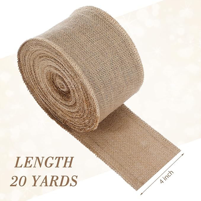 20 Yard 4 Inches Burlap Ribbon Wide Jute Ribbon Natural Burlap Fabric Roll Wired Edge for Wreaths, Christmas Tree Decoration, Big Bow Crafts, Gift Wrapping, Wedding