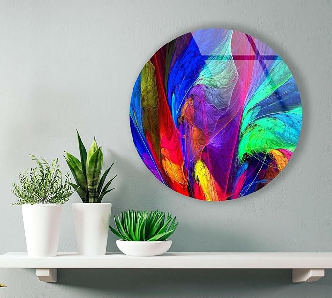 My Photostation.com 15.8''(40cm) Diameter Neon Colors Abstract Round Glass Wall Art Tempered Glass Printing Wall Decor Large Wall Art Wall Hangings
