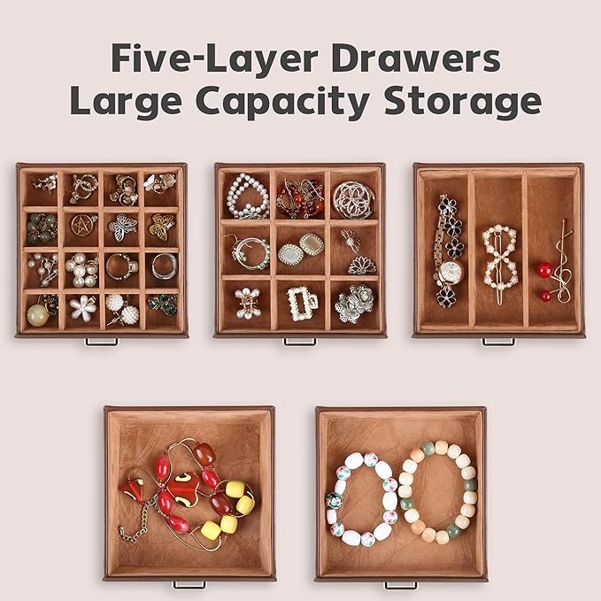 Kendal Jewelry Box, 6-Layer Jewelry Storage Organizer for Necklace Bracelet Rings Watch, 10.2"x8.2"x6" Classic Brown PU Leather 5 Drawers Large Storage Capacity with Mirror