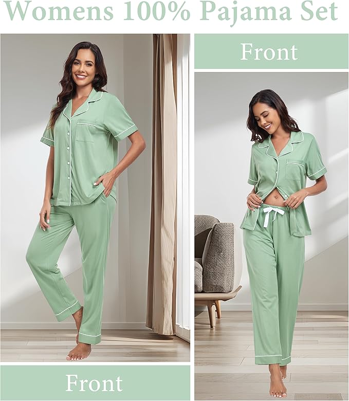CF Womens 100% Cotton Pajamas Set Button Down Pjs Sets Short Sleeve Top & Long Pants Sleepwear Comfy Loungewear with Pockets