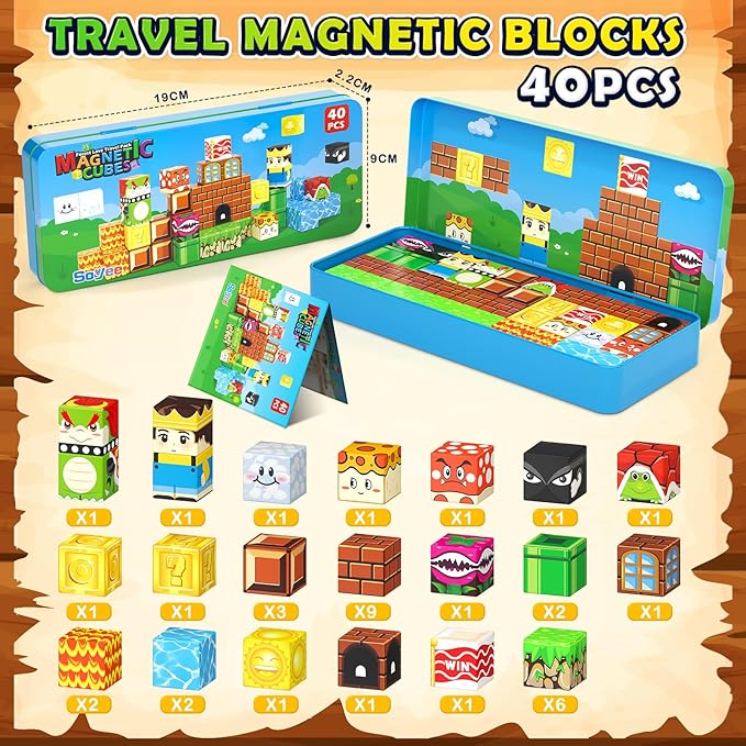 Magnetic Blocks Travel Toys with Portable Metal Tin - STEM Magnet Building Blocks Toddler Kids Toys for 3 4 5 6 7 8 Year Old Boys & Girls Xmas Birthday Gifts Classroom Must Haves Decor