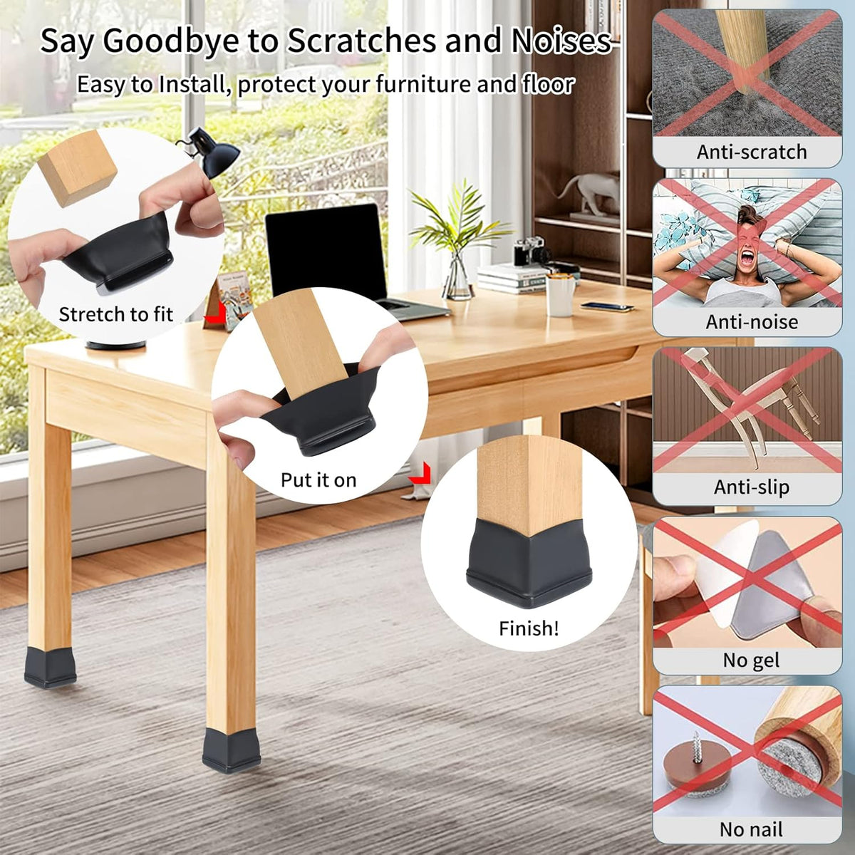 Ezprotekt 8 Pcs Large Chair Leg Sliders for Carpet, Square Black Teflon Furniture Glides Pads Caps for Rug, Bar Stool Leg Protectors Covers for Table, Chair, Sofa Legs (XL Fit: 1.5" - 2")