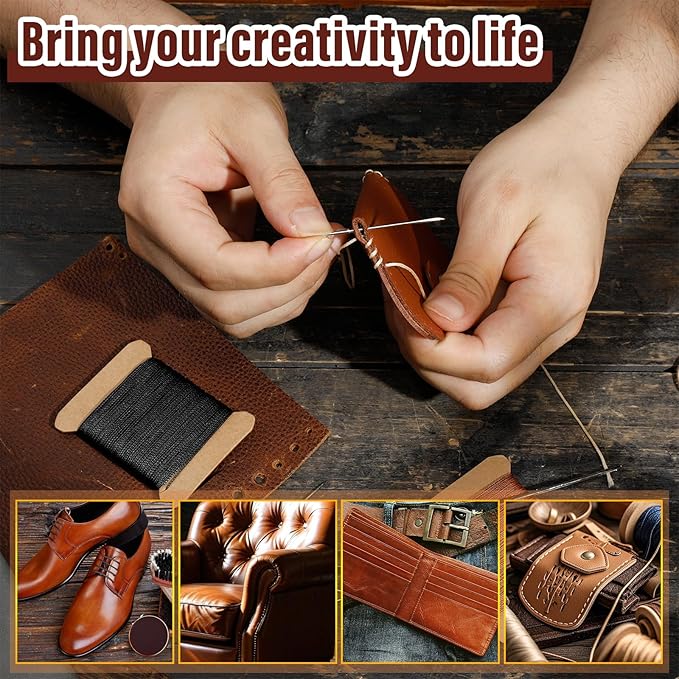 KAQRHFT Upholstery Repair Kit and Upholstery Needle, 0.55mm 98 Yard Waxed Thread with 8 Pcs Heavy Duty Leather Needles for Hand Stitching, Canvas & Quilting - Round Waxed Cord- Black/Brown/Beige