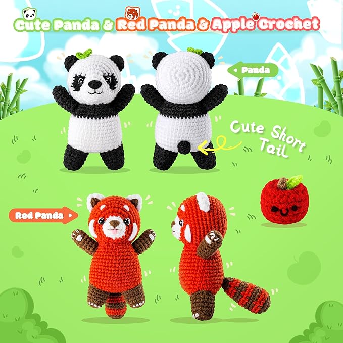 Crochet Kit for Beginners - 2PCS White and Red Panda Crochet Animal Kit with Step-by-Step Video Tutorials, Apple Crocheting Kit, Crochet Starter Kit for Kids and Adults, Beginners Knitting Kit