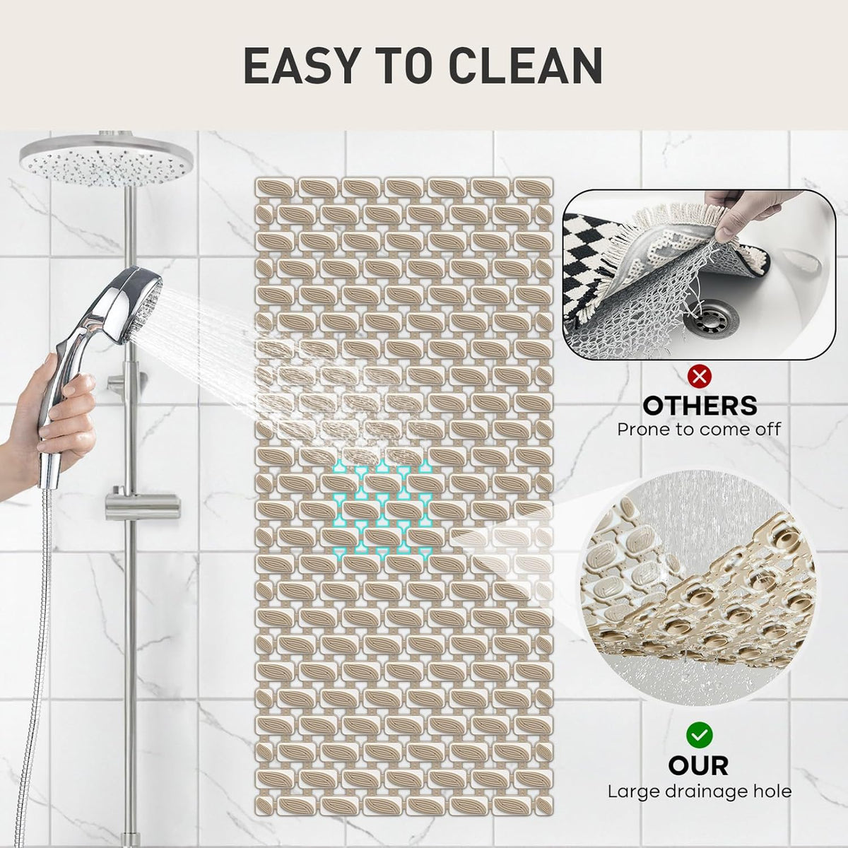 Shower Mat Non Slip Bathtub Mat - 36" x 16" Eco-Friendly Soft Bath Mat for Tub Non Slip Shower Mats for Inside Shower with Suction Cups and Drain Holes, Easy to Clean Quick-Drying, Brown