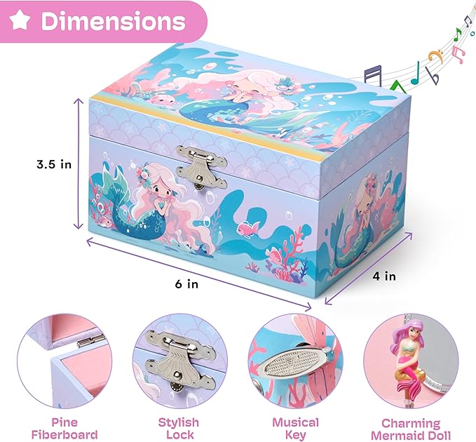 Jewelkeeper Girls Musical Jewelry Box - Durable Pine Fiberboard with Soft Pink Lining - Kids Jewelry Box - The Beautiful Dreamer Tune - Gifts for Girls - Mermaid Jewellery Box - 6x4x3.5in