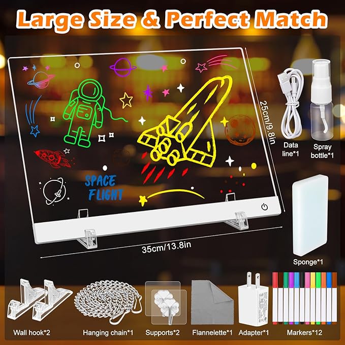 Meetory LED Drawing Board for Kids, Note Board with Colors, 13.8"X 9.8" 4 Modes & 6 Colors, Dry Erase Board with Light, Include Adapter, Hanging Chain, Stand, 12 Markers, Spray Bottle