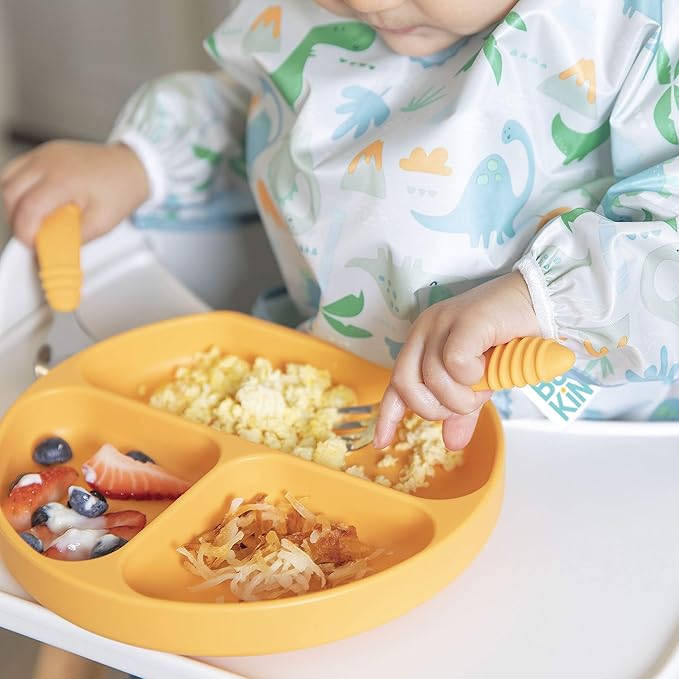Bumkins Toddler Utensils, Kids Size Fork and Spoon Set, Silicone and Stainless-Steel Training Silverware, Angled Forks / Sporks for Self-Feeding, Children Learning to Eat, 18 Mos Up, Tangerine Orange