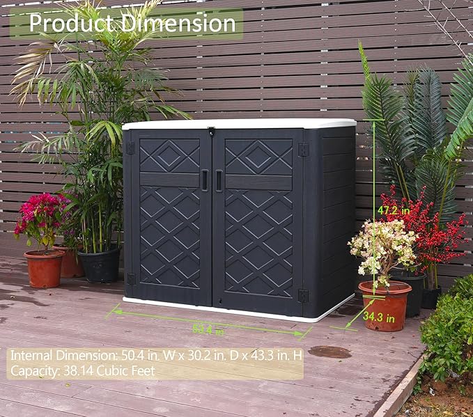 ADDOK Larger Outdoor Storage Shed Weather-Resistance, Horizontal Outdoor Storage Box Waterproof for Garden Backyard Patio and Lawn, 38 Cuft Capacity for Bike, Garbage Cans, Lawn Mover, Patio Tools