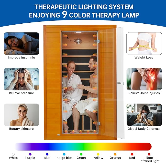 Infrared Sauna Room for Home, Near Zero EMF Wooden 2 Person Indoor Infrared Sauna at Home with Bluetooth, LCD Control Panel, Chromo Therapy Light