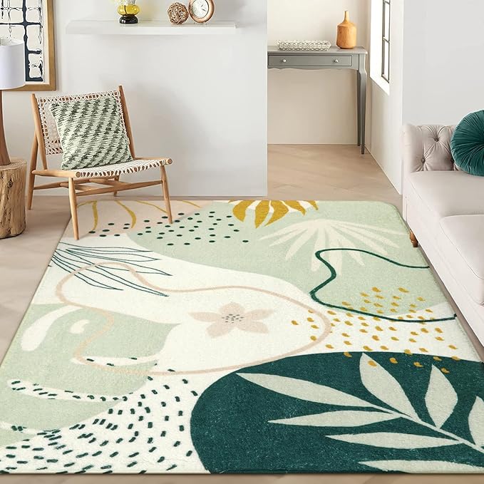 Lahome Green 10x14 Rug for Living Room, Large Washable Area Rug Non-Slip Ultra-Thin Stain Resistant Rug for Dining Room Table, Soft Botanical Print Indoor Rug for Bedroom Office (Green, 10'x14')