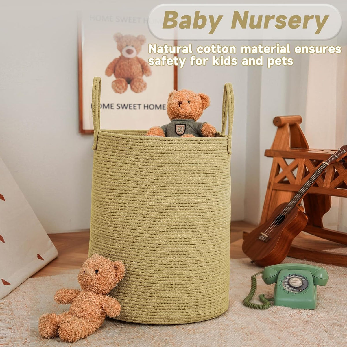 Large Woven Laundry Basket Hamper,80L Cotton Rope Storage Bin for Blankets,Toys and Clothes,Decorative Tall Nursery Hamper for Living Room,Baby Nursery,Bathroom and Bedroom,Jute