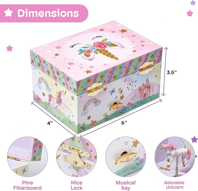 Jewelkeeper Girls Musical Jewelry Box - Durable Pine Fiberboard with Violet Lining - Kids Jewelry Box - The Beautiful Dreamer Tune - Gifts for Girls - Unicorn Jewellery Box - 6x4x3.5in