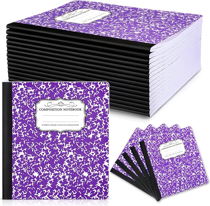Seajan 20 Pack Composition Notebooks, Wide Ruled Paper, 7-1/2" x 9-3/4" Marble Hard Covers, 60 Sheets, Composition Notebooks Bulk for Students Back to School Adults Office Supplies(Purple)