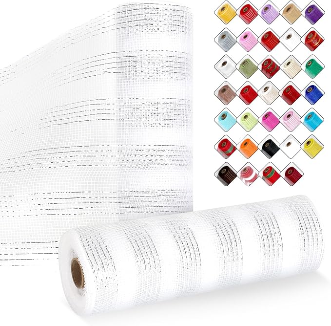 2 Rolls Mesh Ribbon for Wreaths 10 Inch x 30 Foot Wreath Mesh Rolls with Metallic Foil for Easter Christmas Party Wedding Home Decor DIY Craft Projects and Gift Wrapping (White/Sliver-Wide)