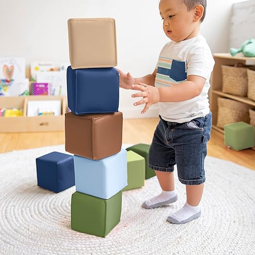 ECR4Kids SoftZone Patchwork Toddler Building Blocks, Foam Cubes, Earthtone, 12-Piece