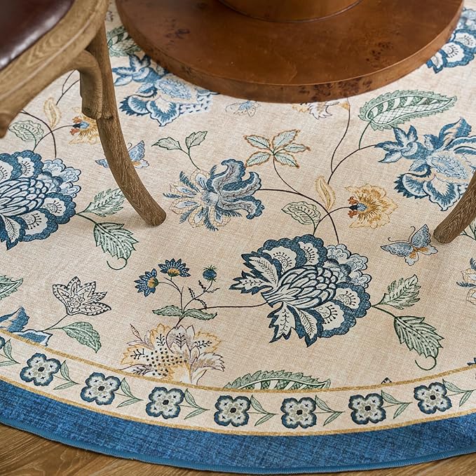 jinchan Floral Corner Rug for Living Room Washable Bedroom Rug Vintage Romance Design Non Slip Quarter Circle Lightweight Low-Pile Throw Carpet for Reading Nook Playroom,8ft Radius, Blue/Beige