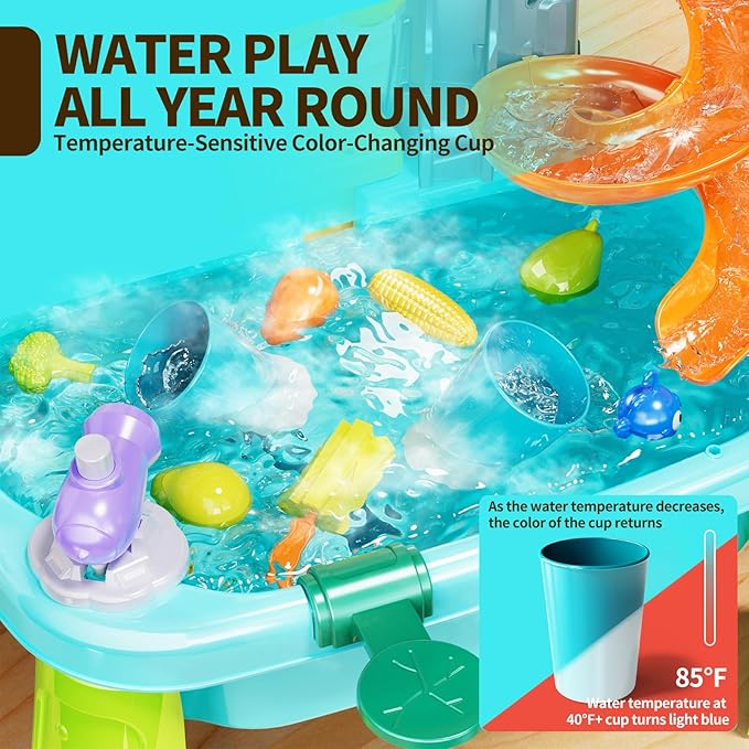 Water Table Play Sink Toys for Toddlers, Kids Play Kitchen Sink with Running Water, 360° Electric Faucet, Floating Fishing Game, Sensory Water Table Toys for Boys Girls Summer Gifts