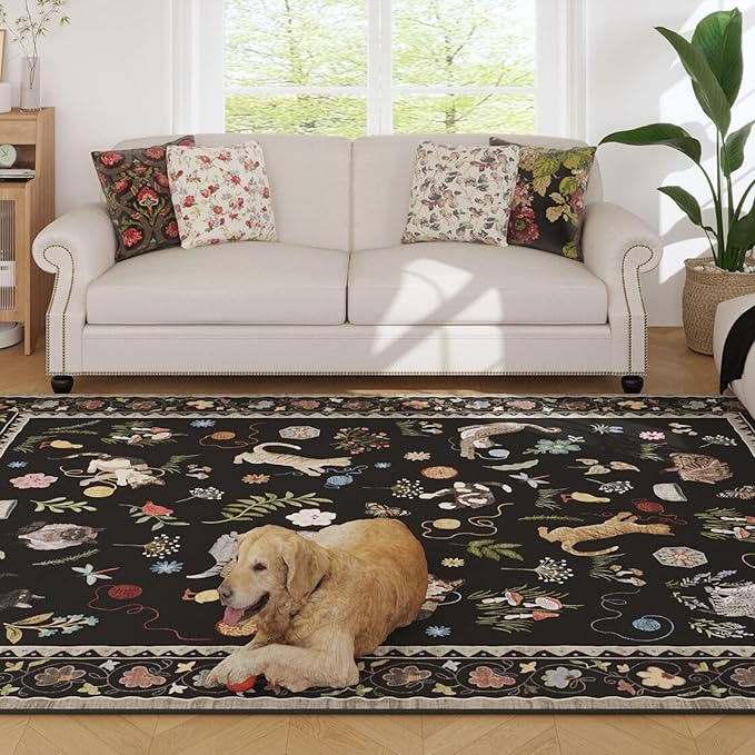 Rugcomf Living Room Rug 5x7 Rug Machine Washable Boho Area Rug Non Slip Floral Animal Cat Vintage Low Pile Large Rugs for Living Room Bedroom Farmhouse Dining Room Kids Playroom, Black
