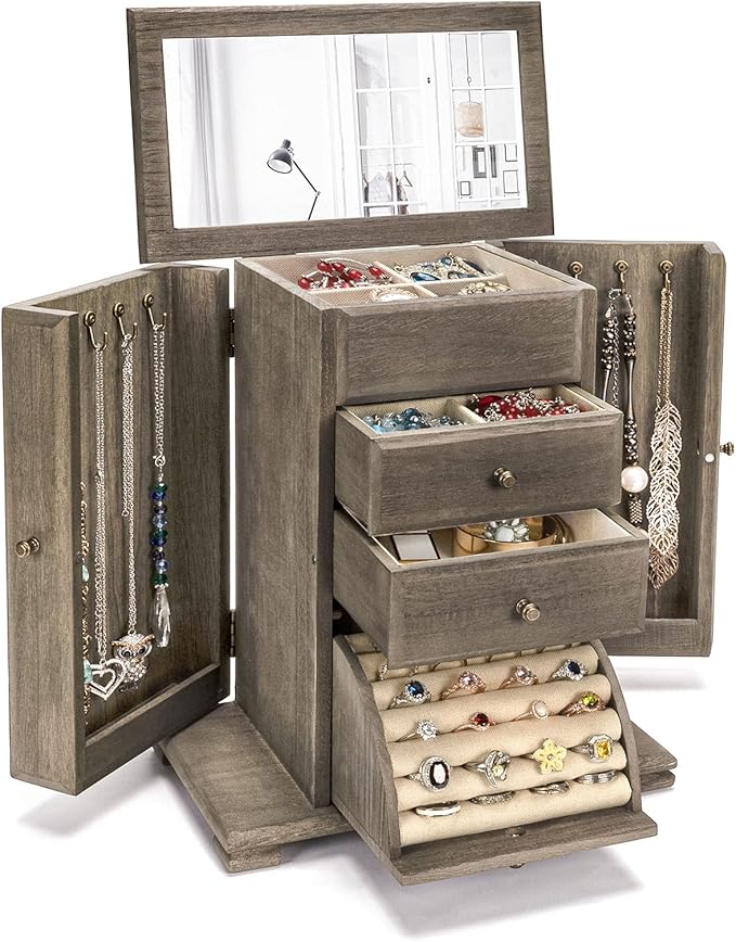 Jewelry Box for Women, Rustic Wooden Jewelry Boxes & Organizers with Mirror, 4 Layer Jewelry Organizer Box Display for Rings Earrings Necklaces Bracelets (Weathered Gray)