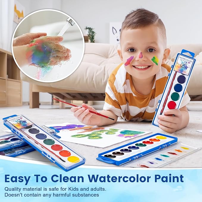 36 Pack Watercolor Paint Set, Washable Watercolor Paint Bulk for Kids, Water Color Paint with Paint Brushes, Ideal Gifts for Party Favors, School Supplies & Classroom Prizes, Art Activities, 8 Colors