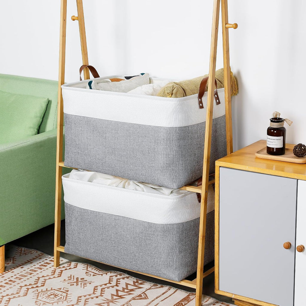 DULLEMELO Extra Large Storage Baskets for Organizing 22"x15"x13" Foldable Fabric Storage Baskets Organizer Bins with Handles Large Storage Basket for Shelves Closet Toys Books (White&Grey)