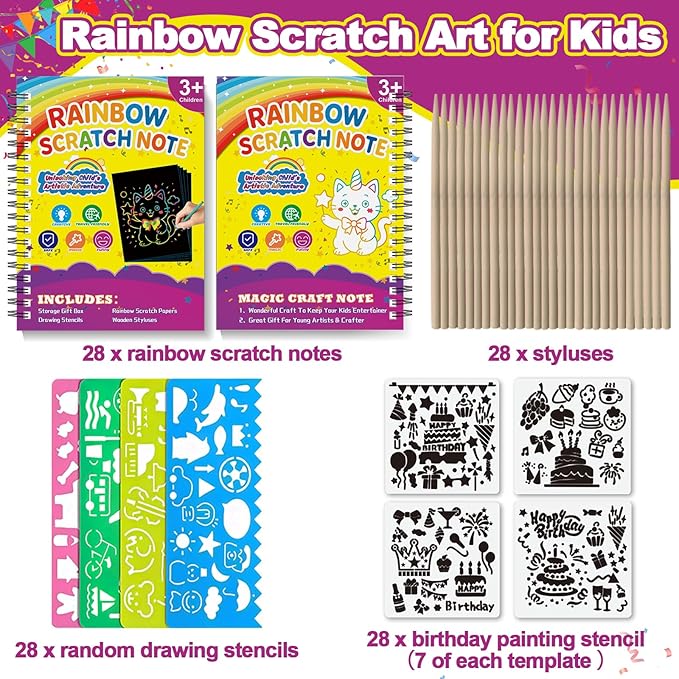 HXDOGSP Scratch Art for Kids: 28 Pack Rainbow Scratch Paper Party Favors - Art Crafts Notebook Suitable for Birthday Gifts/School Crafts Kit/Classroom Prizes for Girls and Boys Aged 4-12